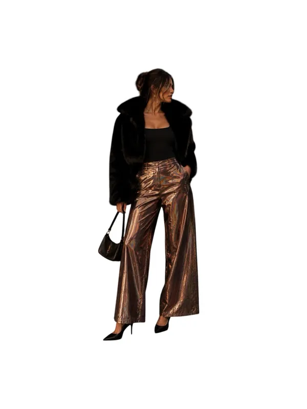 Sincerely Jules Metallic Bronze Lame Wide Leg High Rise Pants NWT M Iridescent - Image 2