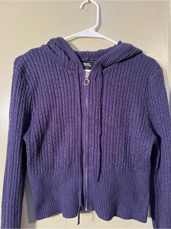 Beverly and Beck Pacsun Women's Size Large Hooded Cardigan Navy Blue Micro Cable - Image 2