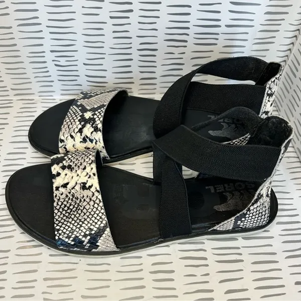 Sorel Ella Sandal Womens 7 Black‎ White Snakeskin Print Elastic Strappy Flat - Image 2