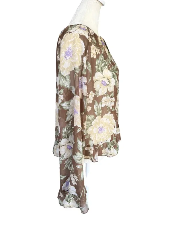 Loft brown and ivory floral ruffle tie front sheer blouse women's size medium - Image 3