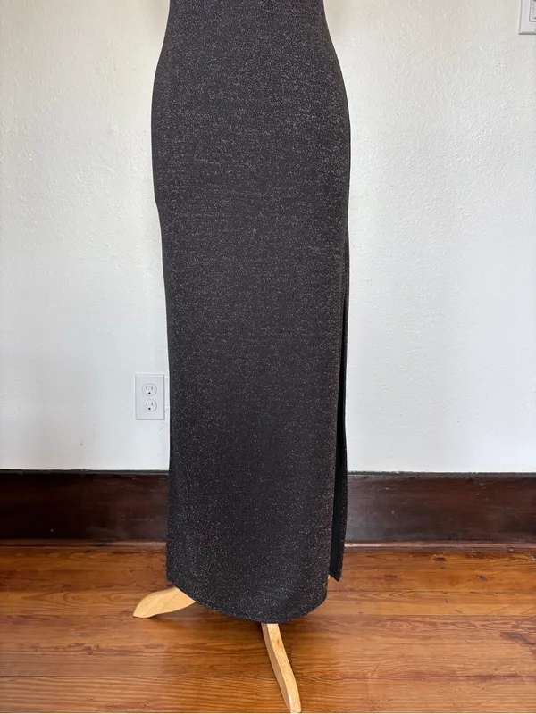 Vintage 90s Black + Silver Glitter Full Length Sleeveless Prom Dress - Image 9