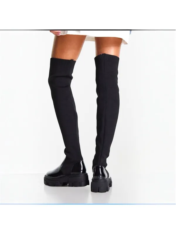 ASOS DESIGN Kimmy Chunky Flat Lug Sole Over The Knee Pull-On Boots Black Size 8 - Image 11