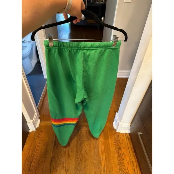 Aviator Nation 5 stripe sweatpants featuring a rainbow stripe green women's S - Image 3