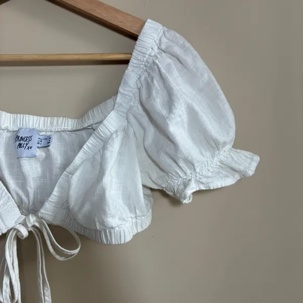 Princess Polly Tie Front Crop Top Size 4 White Womens Cotton Puff Sleeve - Image 2