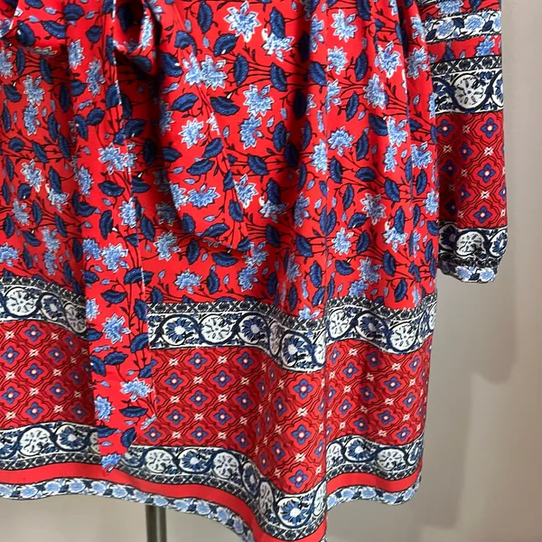 LOFT‎ Border Floral Red Long Sleeve Boho Tie Waist Dress Size XS - Image 5