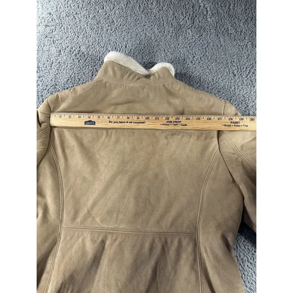 Faux‎ Suede Shearling Jacket Women Tan Faux Fur Trim Zip Up Coat - Image 12