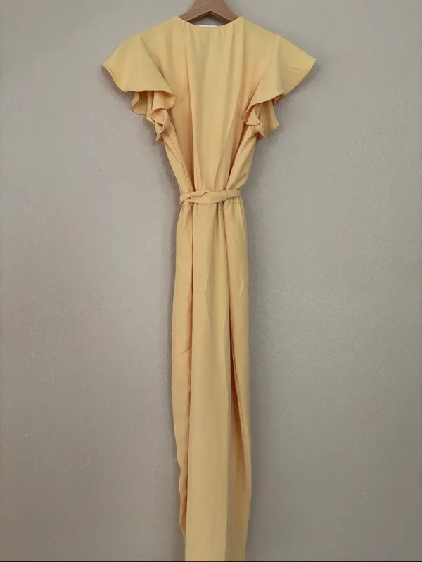 Amanda Uprichard Martinique Yellow Wrap Dress With Flutter Sleeves and Tie Waist - Image 4