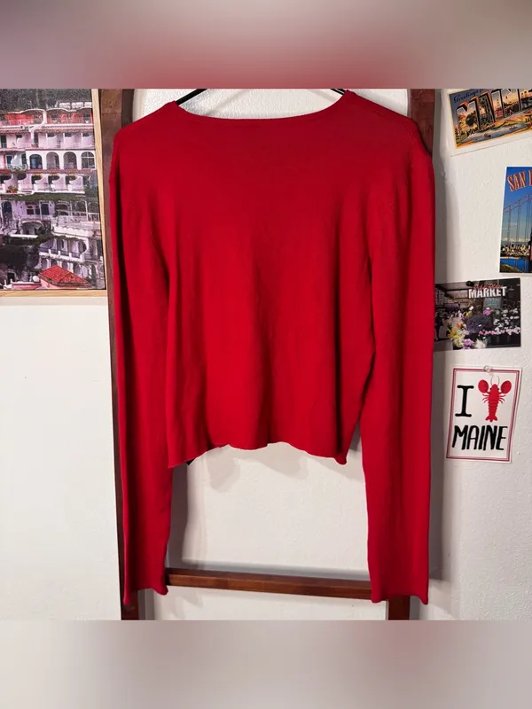 Anthropologie Twisted Cut-Out Sweater Red Knit Viscose Keyhole Long Sleeve Top - Image 6