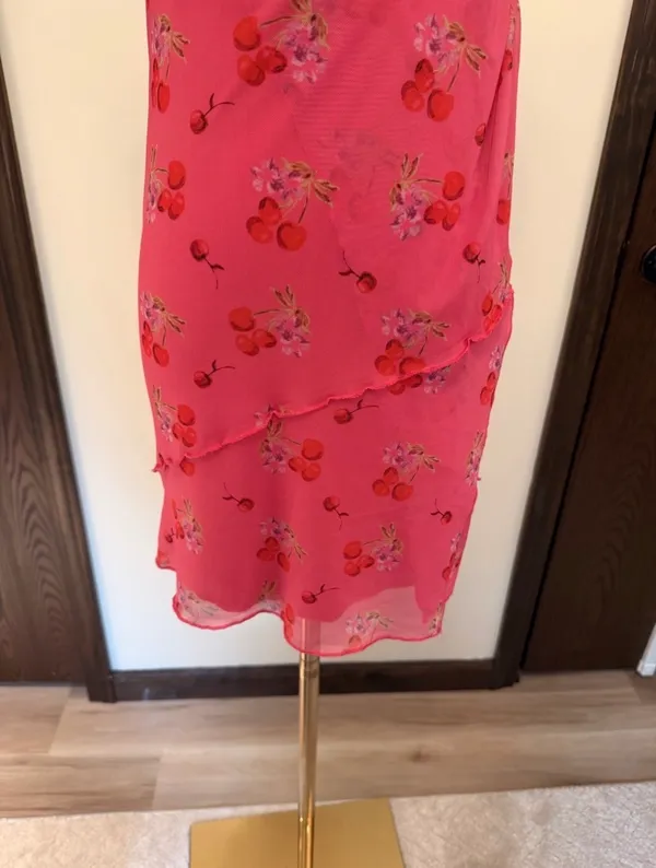 Urban Outfitters pink cherry pattern lace deep neckline slip dress - Image 3