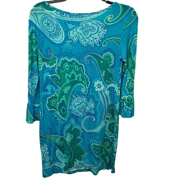 Tori Richard Honolulu XXS Blue Green Paisley Tunic Dress Bell Sleeve Stretch - Image 7