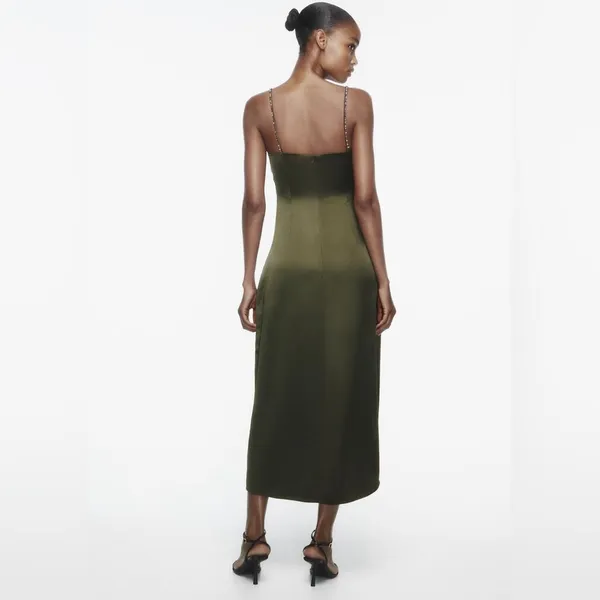 NWT Zara Green Satin Effect Midi Wrap Dress Sz Large Beaded Straps - Image 2