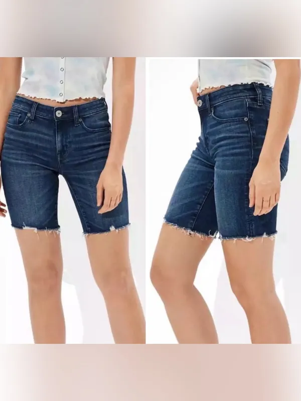 American Eagle Super Stretch Dark Wash Raw Hem 10” Skinny Bermuda Jean Shorts 8 - Image 2