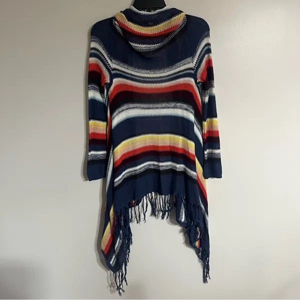 Billabong Women Fringe Cardigan Sweater Med Longline Colorful‎ Stripe Boho Open - Image 12