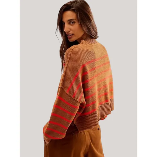 Free People Easy Street Stripe Crop Pullover Sweater Brown Orange Medium - Image 2