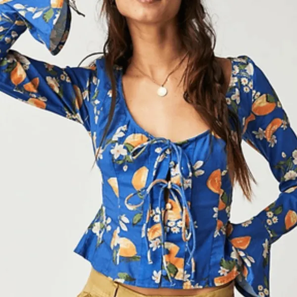 Free People Floral Blue and Orange Kayla Top - Image 2