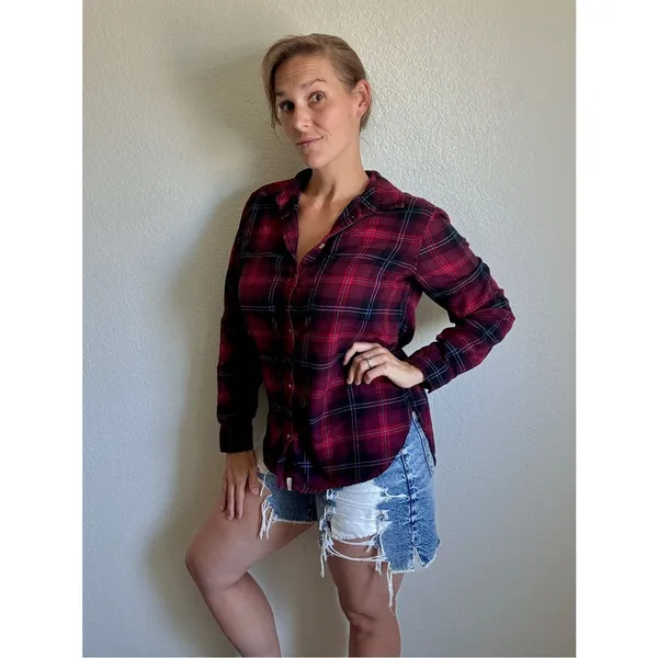 American Eagle Boyfriend Fit Plaid Flannel Red Blue Large Relaxed - Image 3