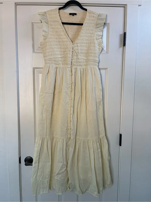 Quince Organic Textured Cotton Smocked V-Neck Midi Dress Pale Custard Yellow L - Image 6