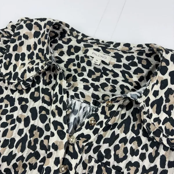 Pilcro Anthropologie Blouse Womens XS Beige Leopard Long Sleeve Ruffle Top - Image 4