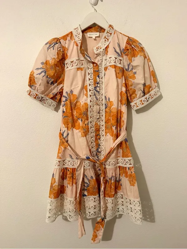 Entro Fall Floral Mini Dress Tie Belt Lace Detail Short Sleeve Size Small S - Image 2