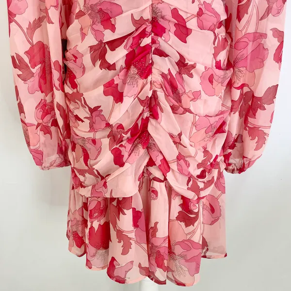 New Floral Print Twist Keyhole Front Long Sleeve Dress Pink Size XL - Image 16