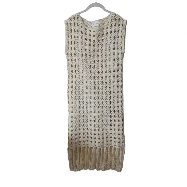 Eleven Six Shaya Crochet Midi Dress w/ Fringe Ivory Cotton Resort Wear Old Money - Image 12