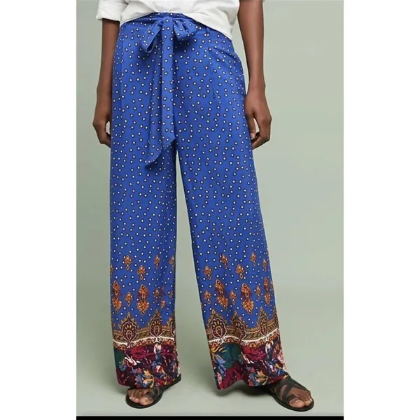 EttiTwa By Anthropologie Printed patterned Wide-Leg Trouser Pants size 14 Blue - Image 3