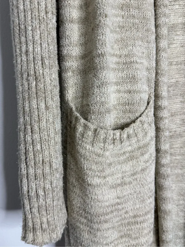 Anthropologie Long Open Front Duster Cardigan XL Beige Knit Pockets - Image 2