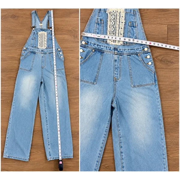 POL Light Wash Denim Overalls Size M Crochet Lace Wide Leg Boho - Image 13