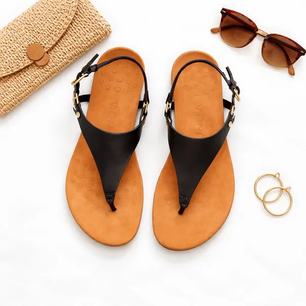 Vionic Kirra Black Leather Orthotic Ring Detail Comfort Thong Sandals Size 6 EUC - Image 9