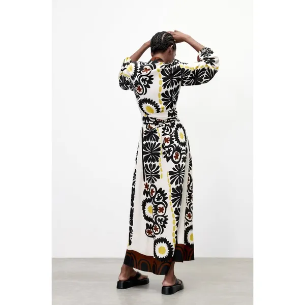 Zara White Floral Print Boho Blogger Favorite Resortwear Wrap Maxi Dress XS - Image 4