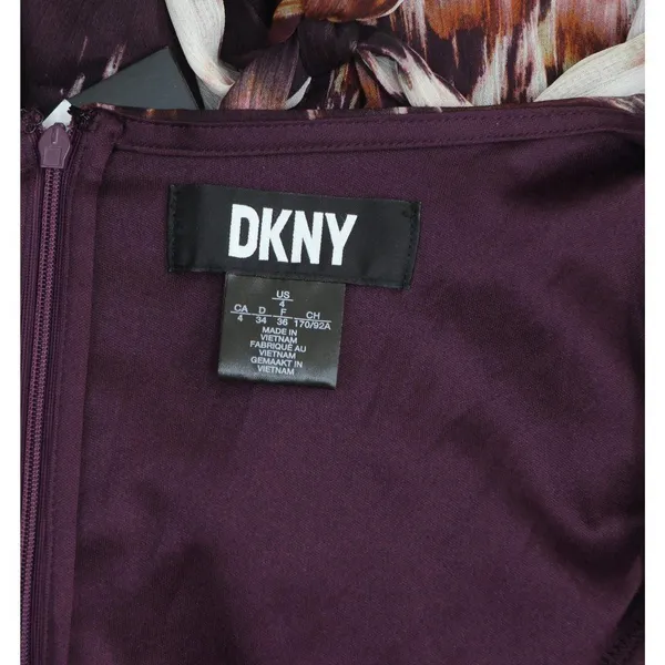 NWT DKNY Tie-Waist Ruched Puff Sheer Sleeves Dress Raisin Purple Multi 4 - Image 8