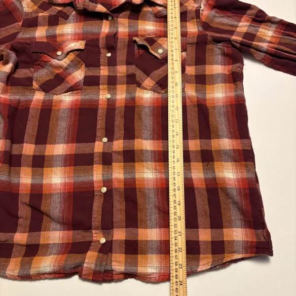 Wrangler Retro Plaid Western Shirt Women Medium Burgundy Orange Pearl Snap - Image 4
