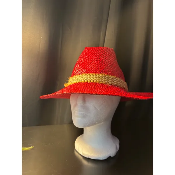 Vintage Red Woven Straw Fedora Hat with Yellow Feather and‎ Buckle Detail - Image 3