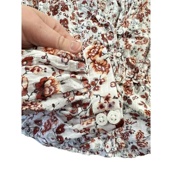 Anthropologie Gauzy Cream Floral‎ Button Front Cropped Blouse Rust Long Sleeve - Image 10