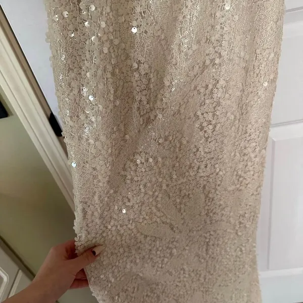 Aidan Mattox Sz 0 Sequin Cream Wedding Bridal Sweetheart Maxi Dress Side Slit - Image 5