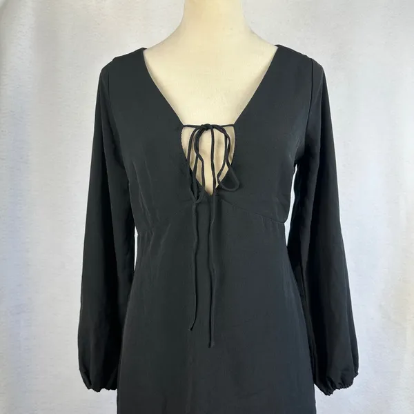 New Abercrombie Fitch Black Long Sleeve Tie Neck Mini Dress‎ Small Boho Party - Image 3