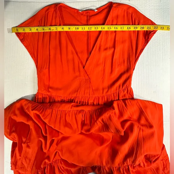 Zara‎ Tiered Midi Dress Short Sleeve V-neck Wrap Flounced Hem Red/ Orange XS - Image 10