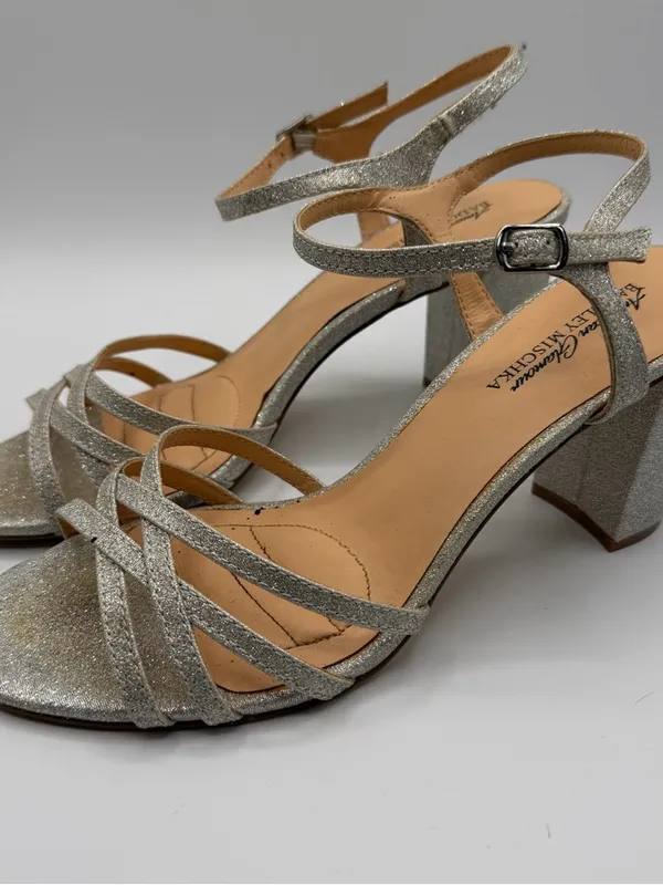 Badgley Mischka American Glamour Silver Glitter Block Heel Sandals Womens 10 - Image 3