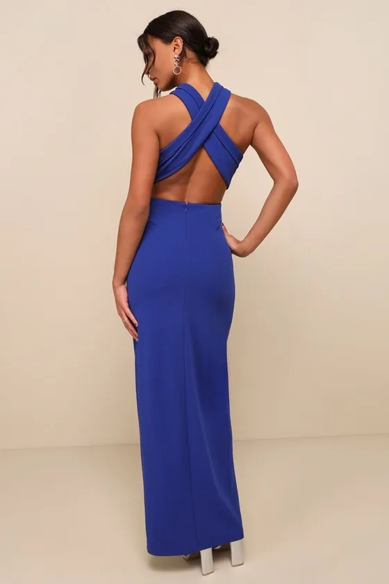 New Lulus Cocktail Hour Royal Blue Halter Neck Maxi Dress MSRP $92 - Image 2