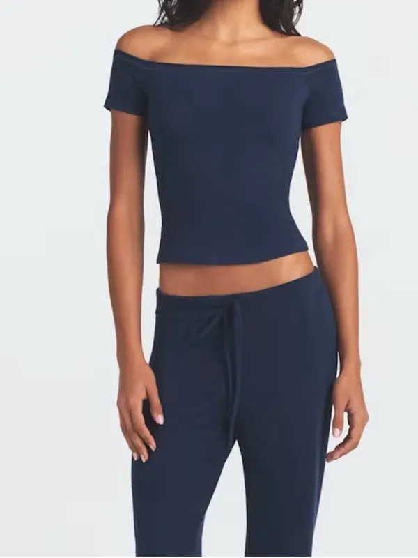 Skims Cotton Jersey Off The Shoulder Top Navy - S - (C4) - Image 3