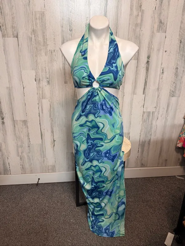 Haute Monde Cutout Maxi Dress Womens Small Blue Green Swirl O-Ring Halter Neck - Image 2