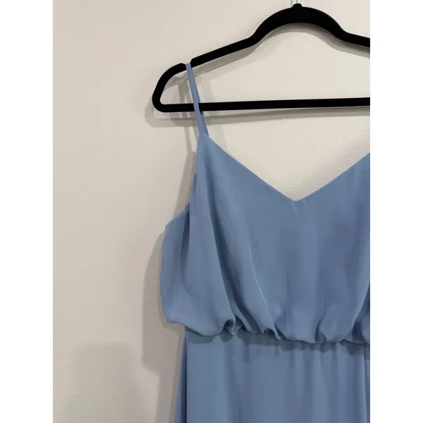Birdy Grey Gwennie French Blue Chiffon V-Neck Maxi Bridesmaid Dress Slit Size L - Image 4