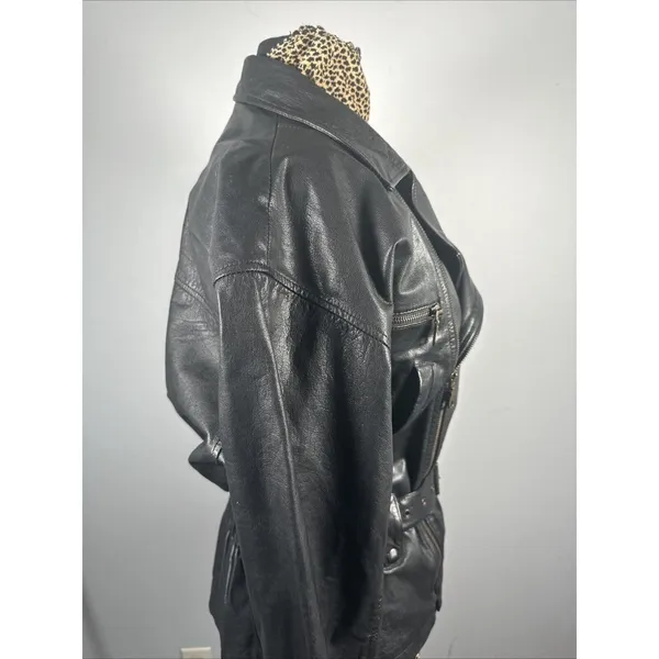 Boutique Europa Womens Leather Jacket Coat Black Moto‎ Biker Zip Belt 90s - Image 8