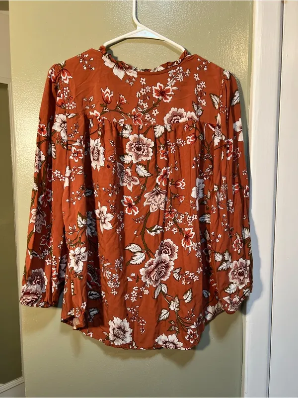Loft Women's Size Large Petite Blouse Orange White Floral Button Down Ruffle‎ - Image 8