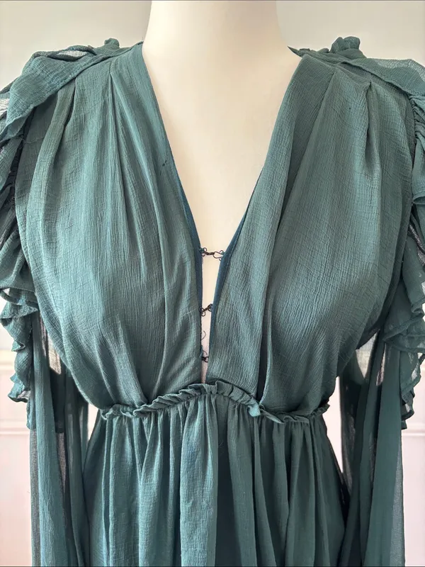 Free People Whimsy Fairycore Teal Green Ruffle Cold Shoulder Mini Dress | Sz 2 - Image 4