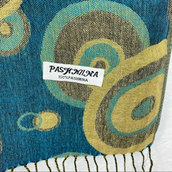 Pashmina Blue & Tan Circle Print Rectangular Reversible Tassel thin knit Scarve - Image 4