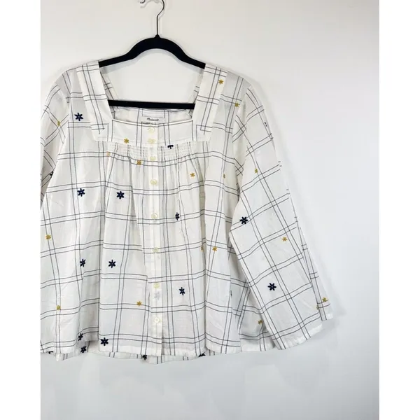 NWT Madewell Womens Top White Embroidered Windowpane Square Neck Button Down 2XL - Image 7