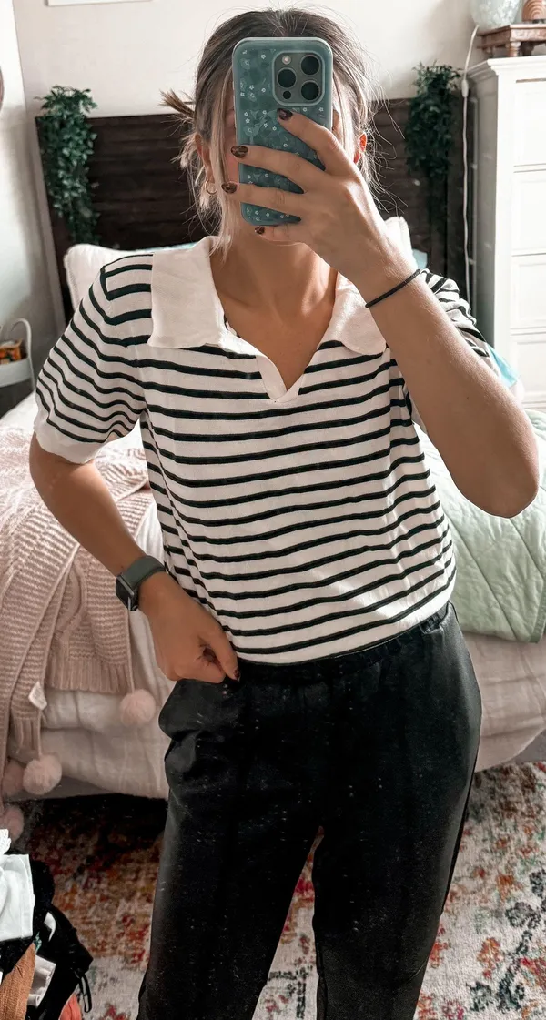 Boutique Black And White Striped Collared Top - Image 2