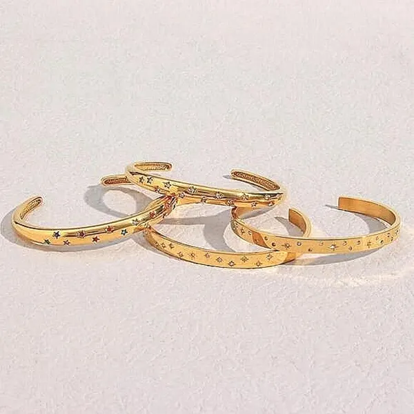 Boutique NEW Heavy 18k Gold Simulated Diamond Stars Bangle Cuff Bracelet‎ Sz Adjustable - Image 9