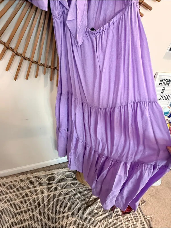 FRNCH Lilac Button-Front Tiered Maxi Dress Tie Back Wedding Guest Shower Spring - Image 12
